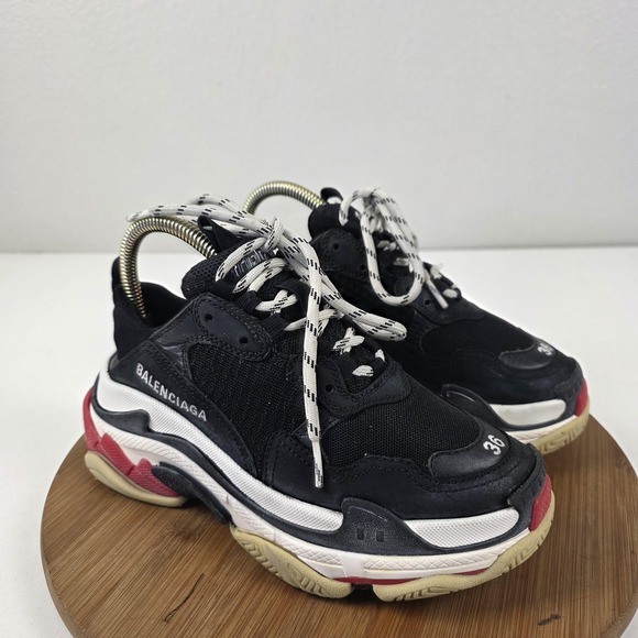 Balenciaga Triple S Shoes Womens Size 6 Black Leather Chunky Sneakers 524037 - Picture 5 of 16